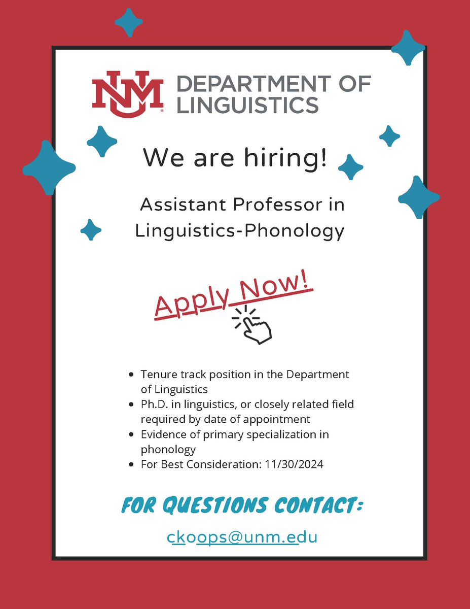The best consideration date for the Assistant Professor in Linguistics - Phonology position is approaching on November 30! Please apply at unm.csod.com/ux/ats/careers…. For questions contact ckoops@unm.edu