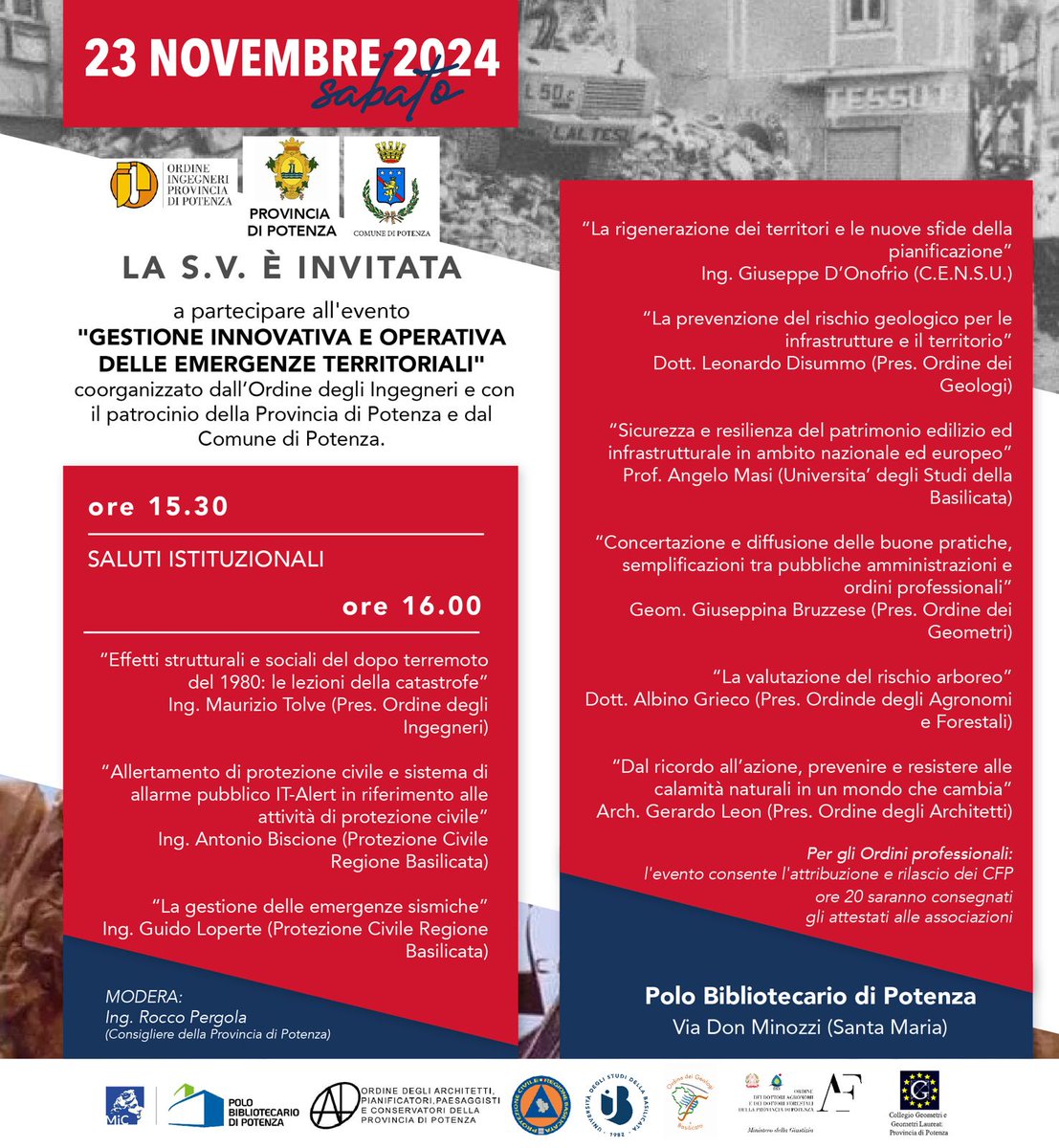 "GESTIONE INNOVATIVA E OPERATIVA DELLE EMERGENZE TERRITORIALI"-Sabato 23 Novembre-Nuovo appuntamento della campagna di prevenzione dei rischi naturali, uno dei principali obiettivi del coordinamento tra enti, ordini professionali, protezione civile e mondo del volontariato😉!