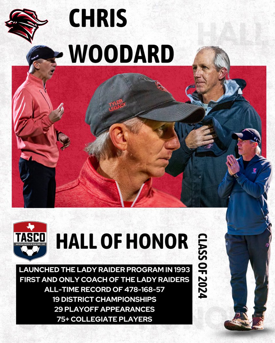 TylerISD_Ath's tweet photo. Tyler Legacy Girls Soccer Head Coach Chris Woodard will be inducted into the TASCO Hall of Honor tomorrow night. 

Coach Woodard has captained the Girls Soccer program since their inception in 1993. Thank you Coach for over 30 years of excellence on and off the field! https://t.co/dCTd4OrbXA