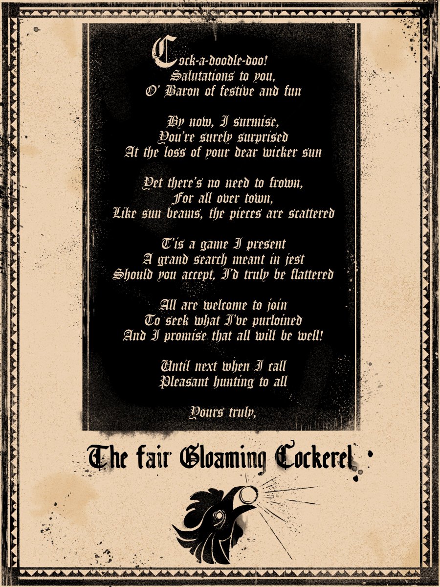 POSTING LATER THAN I USUALLY DO but it's been ages since I've posted sooo!

In an effort to prolong the oncoming festival from happening the next day, Saverio got up to causing some vigilante chaos in Vallaki under the guise of a new alias: The Gloaming Cockerel~ 🐓