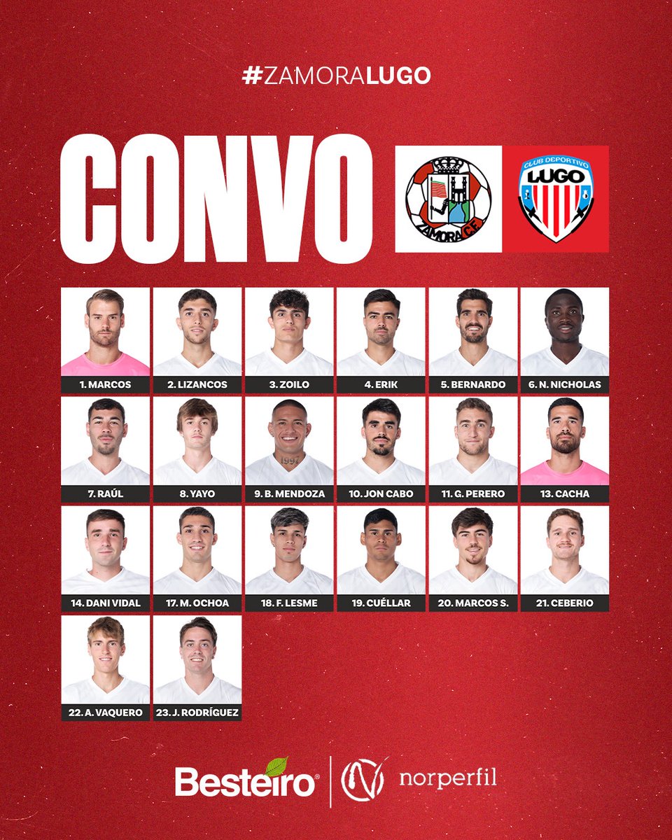 🗒️ 𝗖𝗢𝗡𝗩𝗢𝗖𝗔𝗧𝗢𝗥𝗜𝗔 | Lista de convocados por <a href="/lolonomara/">Lolo Escobar</a> para poñer rumbo a Zamora.

#️⃣ <a href="/MaderasBesteiro/">MADERAS BESTEIRO</a> | #Norperfil 

#ZamoraLugo
#ForzaLugo