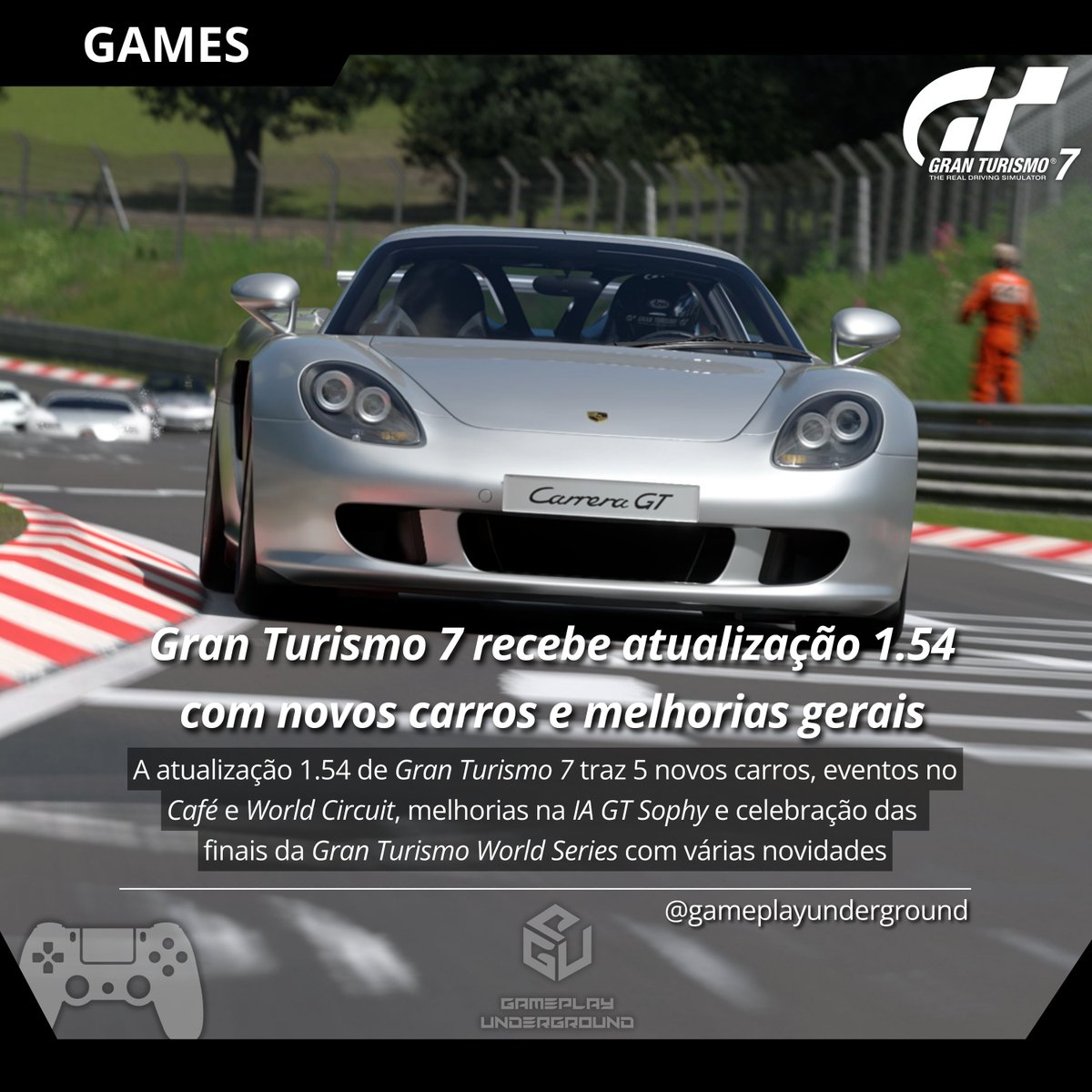 gameplayundergr's tweet photo. A atualização 1.54 de Gran Turismo 7 traz 6 novos carros, eventos no World Circuit, melhorias na IA GT Sophy, menu Ferrari no Café e extras no GT Auto e Scapes. Celebre as finais da GT World Series 2024 com eventos especiais. Disponível no PS4/PS5. #GranTurismo7 #GT7Update https://t.co/2vdoFQjvjx