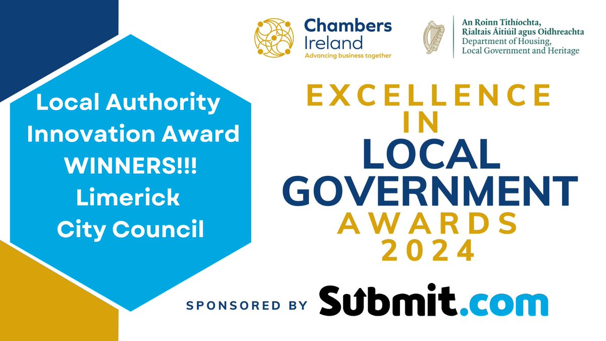 Submit.com Digitizing Your Workflow (@submitdotcom) on Twitter photo Congratulations to <a href="/LimerickCouncil/">Limerick Council - Comhairle Luimnigh</a> winners of the Local Authority Innovation category for Living again: Vacancy, Dereliction and Reuse initiative🎉 Well done to all involved! #ELGawards24
<a href="/ChambersIreland/">Chambers Ireland</a> Congratulations to <a href="/LimerickCouncil/">Limerick Council - Comhairle Luimnigh</a> winners of the Local Authority Innovation category for Living again: Vacancy, Dereliction and Reuse initiative🎉 Well done to all involved! #ELGawards24
<a href="/ChambersIreland/">Chambers Ireland</a>
