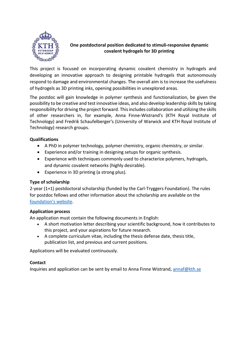 Fredrik Schaufelberger (@fschaufelberger) on Twitter photo Anyone interested in smart biomaterials for 3D printing? My close collaborator Anna Finne Wistrand have funding for a postdoc for a super cool project at <a href="/KTHuniversity/">KTH Royal Institute of Technology</a> 🧪. Me and team at <a href="/warwickchem/">Warwick Chemistry</a> are also involved😁. Anyone interested in smart biomaterials for 3D printing? My close collaborator Anna Finne Wistrand have funding for a postdoc for a super cool project at <a href="/KTHuniversity/">KTH Royal Institute of Technology</a> 🧪. Me and team at <a href="/warwickchem/">Warwick Chemistry</a> are also involved😁.