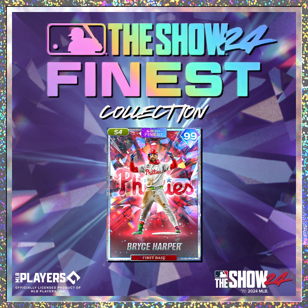 MLBTheShow's tweet photo. Get ready to put on a Show in #MLBTheShow 24 with 2️⃣0️⃣2️⃣4️⃣ ✨Finest Bryce Harper! ✨ 🤟

#TheShowFinest24✨ live today around noon PT. https://t.co/AYrzAtMteD