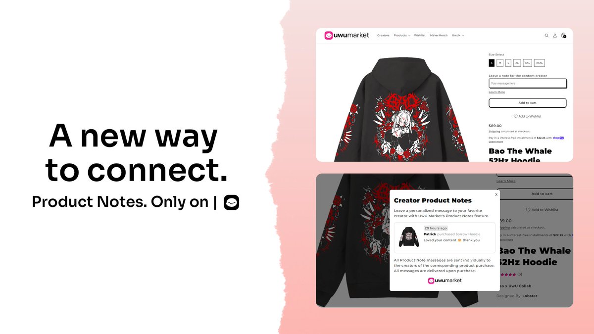 shopuwumarket's tweet photo. Here's our new product notes feature!

Instantly send a note to your favorite creator when you buy one of their products on UwU Market.

Every creator can see their product notes in their Creator Dashboard!

What other features would you like to see us add? https://t.co/REWNazTyAW