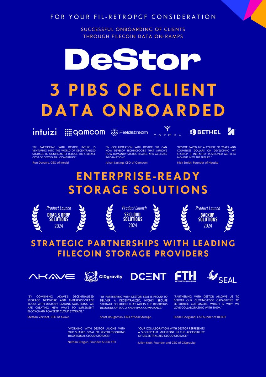 FilecoinDeStor's tweet photo. For your FIL RetroPGF consideration...

DeStor – a leader in decentralized storage solutions, connecting data owners to Filecoin storage providers through an online marketplace or white glove consulting.

Badgeholders vote here: https://t.co/MpMRdrr1YQ

#filretropgf #filecoin
