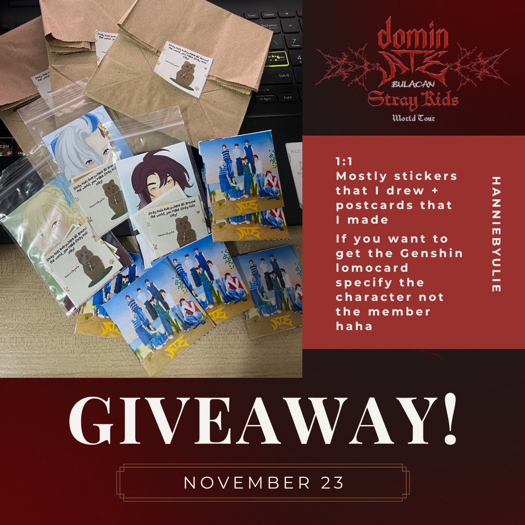 Stray Kids dominATE in Bulacan!
Fan support by @Hanniebyulie/<a href="/skzdworld/">KHEMJIRA ILY PLS DONT END</a>

🐹Stickers &amp; postcards from 5-STAR
🐹Genshin Impact x Stray Kids lomocards

· Like &amp; RT!
· 1:1 only
· Limited qty
· Open for on-the-spot trades!

📍 Location: TBA
#dominATE_BULACAN #SKZ_in_BULACAN #SKZinPH