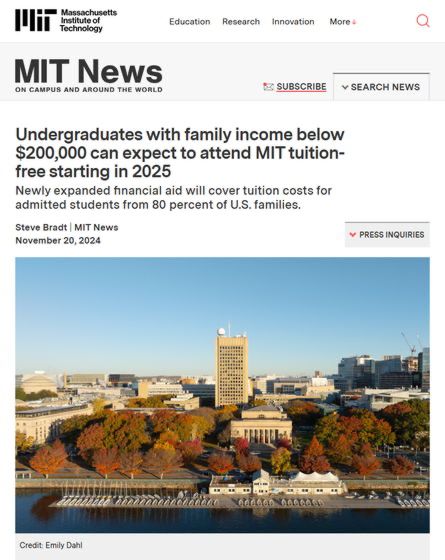 🇺🇸 M.I.T. TO OFFER FREE TUITION TO FAMILIES EARNING UNDER $200K

Starting next fall, M.I.T. will waive tuition for families earning less than $200,000, with full coverage for families under $100,000—including housing, dining, and books. 

Tuition at the elite university typically