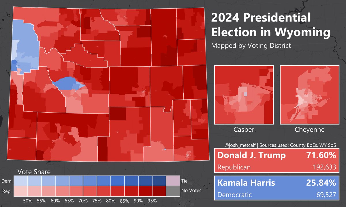josh_metcalf's tweet photo. I've digitized Wyoming's precinct shapefile for this year! Not only was this Trump's best state, it was also the best presidential performance *ever* in WY. Harris' support was relegated to uber-wealthy Teton County, the college town of Laramie, and the Wind River reservation. https://t.co/3wHeiPJoMw