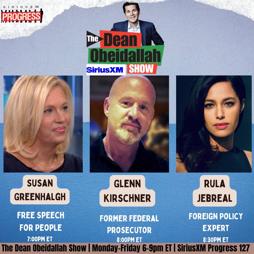 The Dean Obeidallah Show is live!

<a href="/DeanObeidallah/">(((DeanObeidallah)))</a> is here to break down the news from the day!  Joining him today is

<a href="/SEGreenhalgh/">Susan Greenhalgh she/her</a> of <a href="/FSFP/">Free Speech For People</a> ,<a href="/glennkirschner2/">Glenn Kirschner</a>, and
<a href="/rulajebreal/">Rula Jebreal</a>!  

☎️: 866-997-4748
🔊: SiriusXM.us/Dean