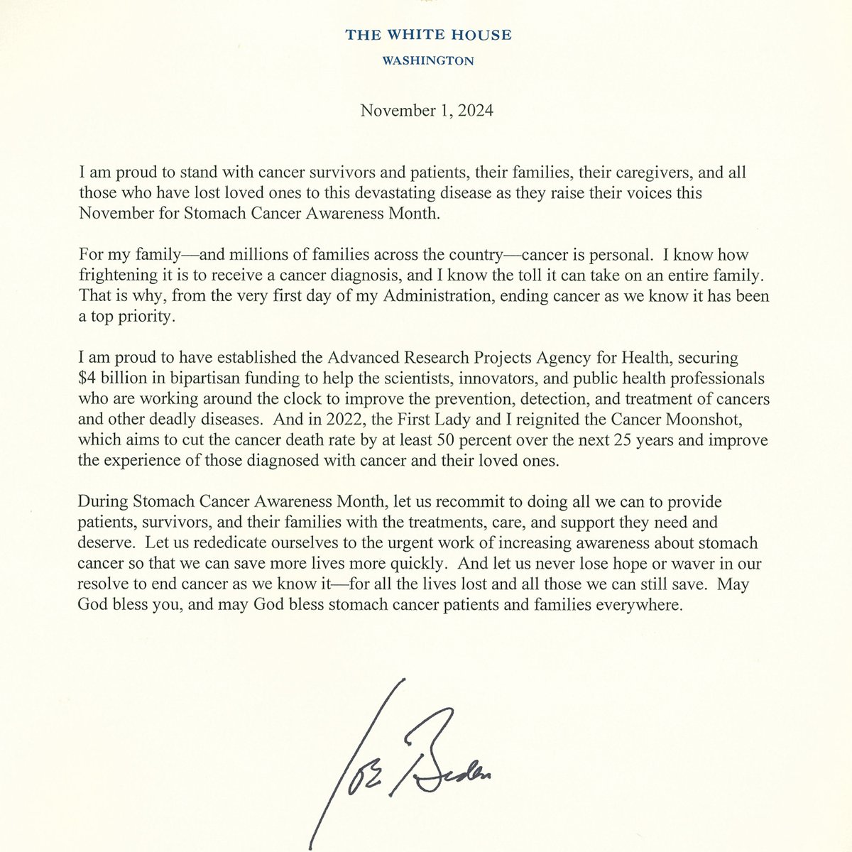 Stupid Strong is delighted to receive support from President Biden this November for Stomach Cancer Awareness Month. We thank you for your words and encouragement. Stupid Strong is excited to join in this year as we spread awareness and hope for gastric cancer. 💜