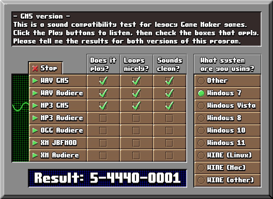 I've made a tool for testing the sound compatibility of old Game Maker games on modern systems.

Please try it, play each 8-second sound and check the boxes that apply, then tell me the "result" code you get for both the GM5 and GM7 version:

remar.se/daniel/games/s…

Thanks!