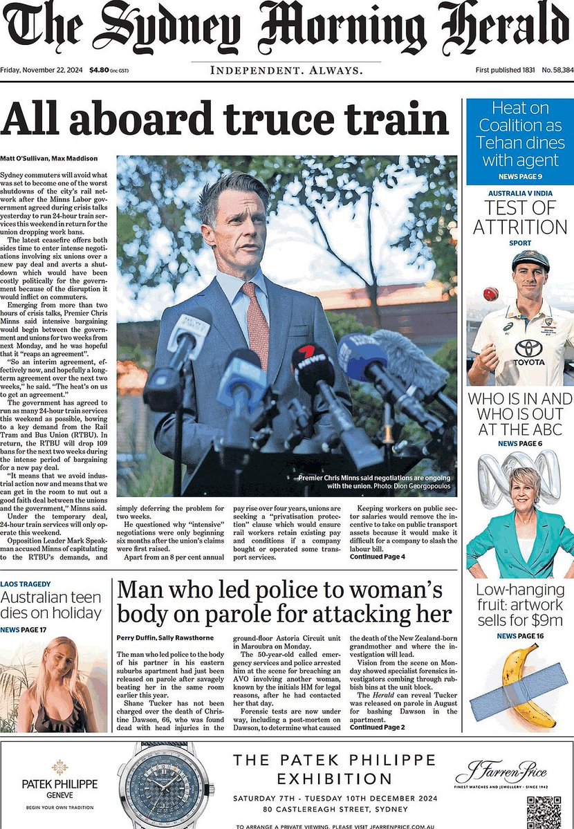 🇦🇺 All Aboard Truce Train

▫The Minns Labor government agreed during crisis talks on Thursday to run limited 24-hour train services this weekend in return for the union dropping work bans
▫<a href="/Mattonews/">Matt O'Sullivan</a> <a href="/maxmaddison/">Max Maddison</a>

#frontpagestoday #Australia <a href="/smh/">The Sydney Morning Herald</a> 🇦🇺