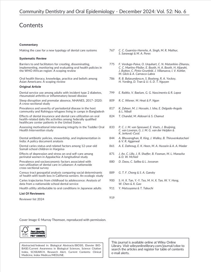 Our new issue is now out.

Featuring articles, reviews &amp; commentaries on dental care systems, oral health policies in Africa, oral health literacy, periodontal disease in refugees, dental antibiotic policies &amp; much much more 

Link:
onlinelibrary.wiley.com/toc/16000528/c…