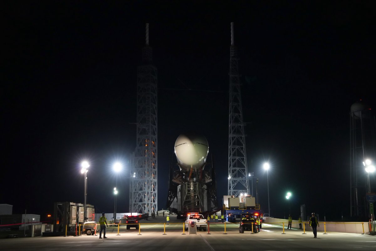 blueorigin's tweet photo. #NewGlenn made its journey from the integration facility to the launch pad. Up next: upending our integrated launch vehicle. https://t.co/nFKtHuGMdk