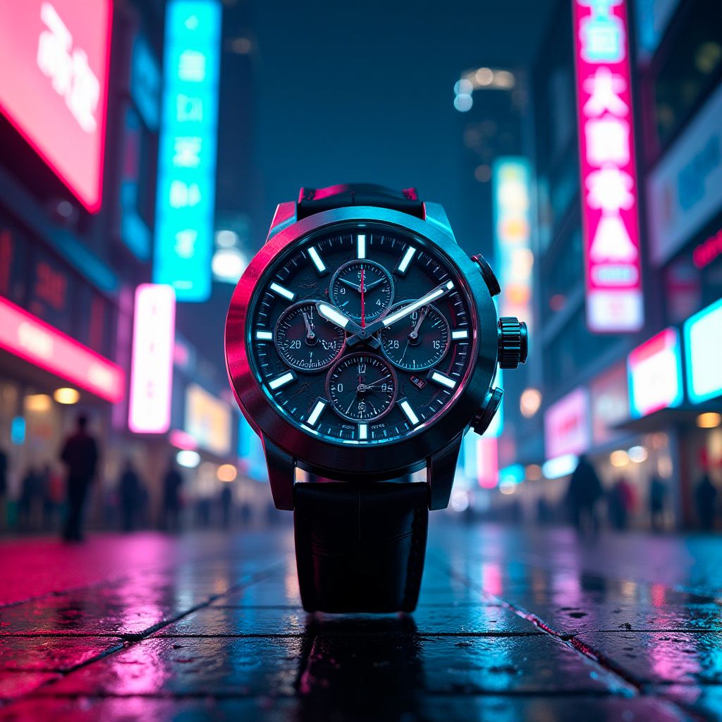 Under neon skies, where time meets the future. AI-crafted precision for the urban knight. 🌌⌚️