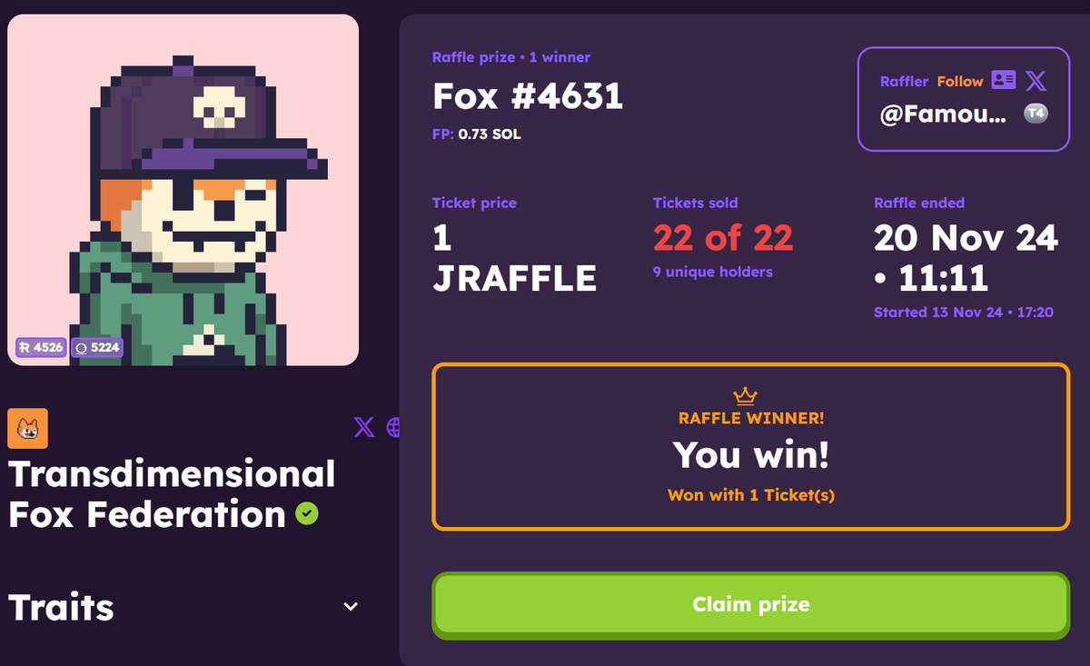 Didn't spend a dime on this raffle. JRAFFLES use juice - which you get for using FFF's suite of tools. 

Thank you <a href="/FamousFoxFed/">Famous Fox Federation 🦊🟠</a>, the gift that keeps giving.
