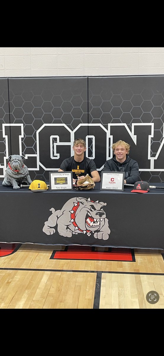 AlgonaBaseball's tweet photo. Really proud of our guys @SlagleTate @AidenUlrich2 for their signing to play baseball at Central College and the University Of Iowa.  It’s A Great Day To Be A Bulldog. https://t.co/8PMXqrDIA2