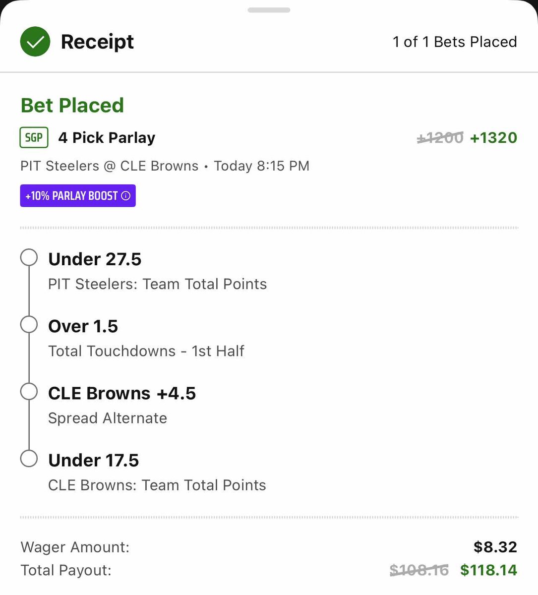 GhostEVplays's tweet photo. 🏈 DraftKings Browns vs Steelers SGP Boost
🏈 +1320 (FV +537.44)
+EV: 122.80%
Playing: 0.832 Units
🌟 Negative correlation here is driving up the odds/risk - tried playing 1 Unit but got limited
🔗 Link: https://t.co/90zKb8zEtH
#draftkigns #steelers #browns #nfl #sports https://t.co/FrDj9zJxh4
