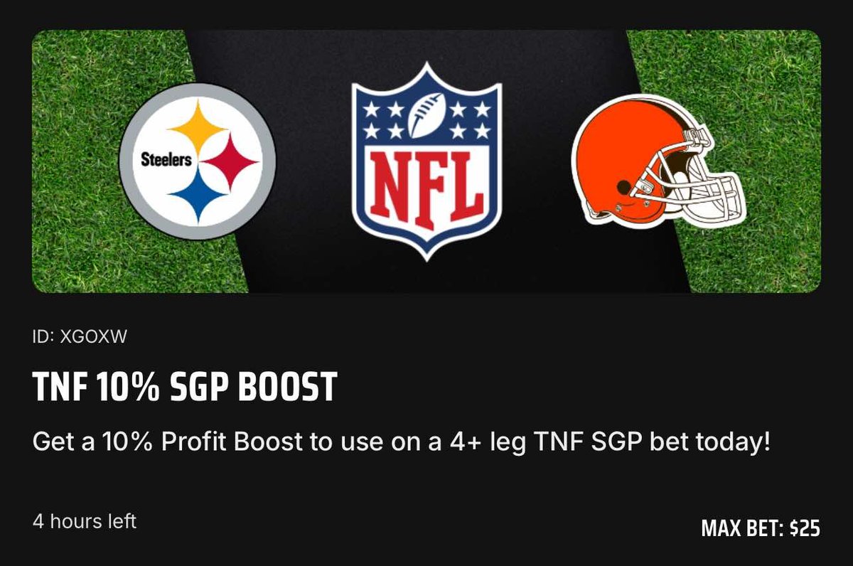 GhostEVplays's tweet photo. 🏈 DraftKings Browns vs Steelers SGP Boost
🏈 +1320 (FV +537.44)
+EV: 122.80%
Playing: 0.832 Units
🌟 Negative correlation here is driving up the odds/risk - tried playing 1 Unit but got limited
🔗 Link: https://t.co/90zKb8zEtH
#draftkigns #steelers #browns #nfl #sports https://t.co/FrDj9zJxh4
