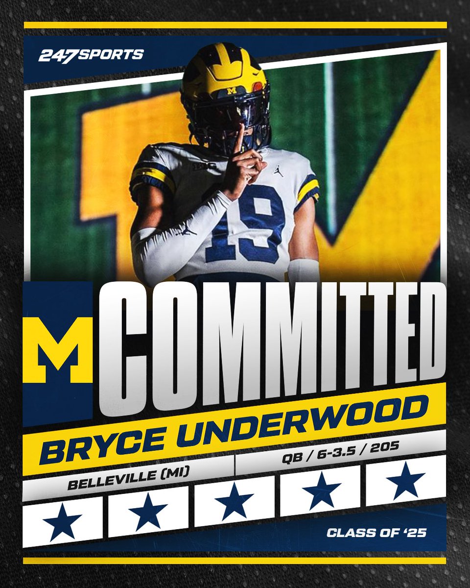 BREAKING: 5⭐️ QB Bryce Underwood (No. 1 prospect in Top247) has flipped his commitment from LSU to Michigan 〽️ HOMETOWN HERO!

MORE: 247sports.com/player/bryce-u…