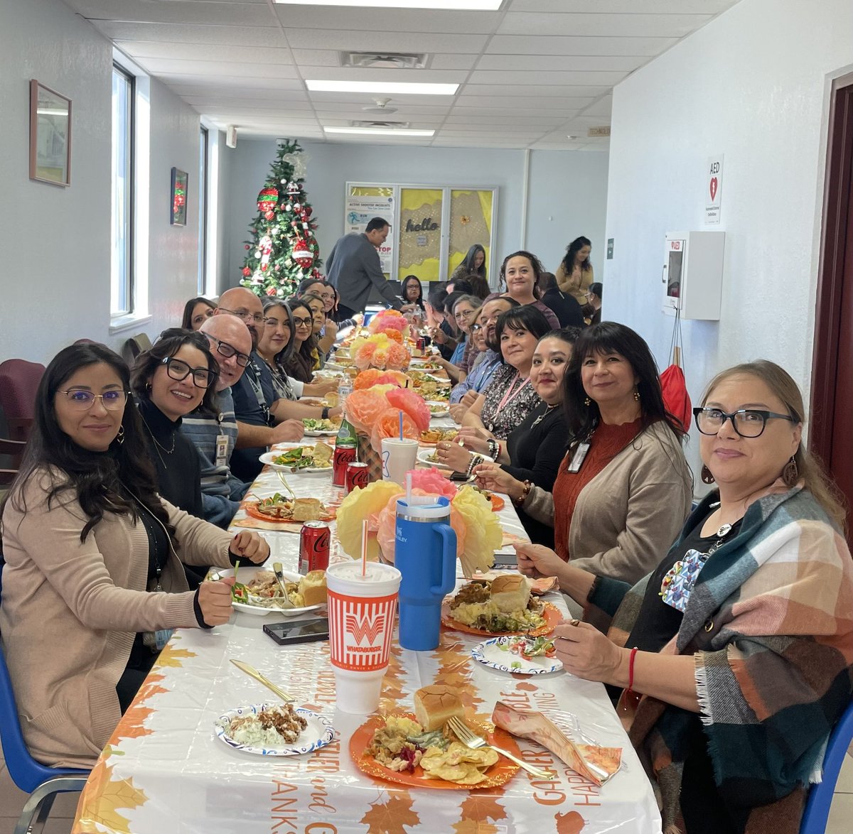 SEISD_SpEd's tweet photo. Gratitude fills the room when you’re surrounded by great colleagues and delicious food. Happy Thanksgiving from our amazing SPED and Technology Departments!🍁
#TeamGratitude 
#WorkFamily https://t.co/eZhYyiAZ2M