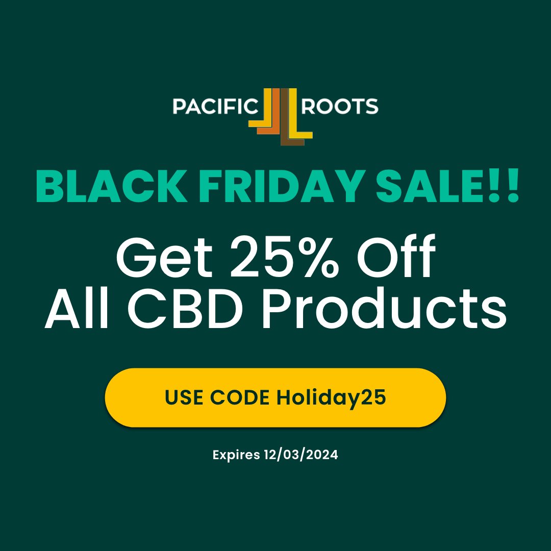 MedRootsCBD's tweet image. Our Black Friday Sale starts now!! Save 25% off ALL CBD products at Pacific Roots. Use code Holiday25 at checkout today. 
Hurry though, this sale ends December 3, 2024 at midnight! Get shopping here »» pacificroots.com

#PacificRoots #BlackFridaySale #CBD