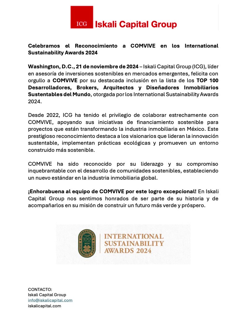 Gabriel_Espana's tweet photo. ¡Felicidades a @ComviveComunida ! 

🏆 Reconocidos entre los TOP 100 en los International Sustainability Awards 2024 🌍.

Un honor colaborar con #COMVIVE en la construcción de un futuro más verde. 🌿

📄 Más detalles abajo 👇🏾 https://t.co/xUH42VO7oQ