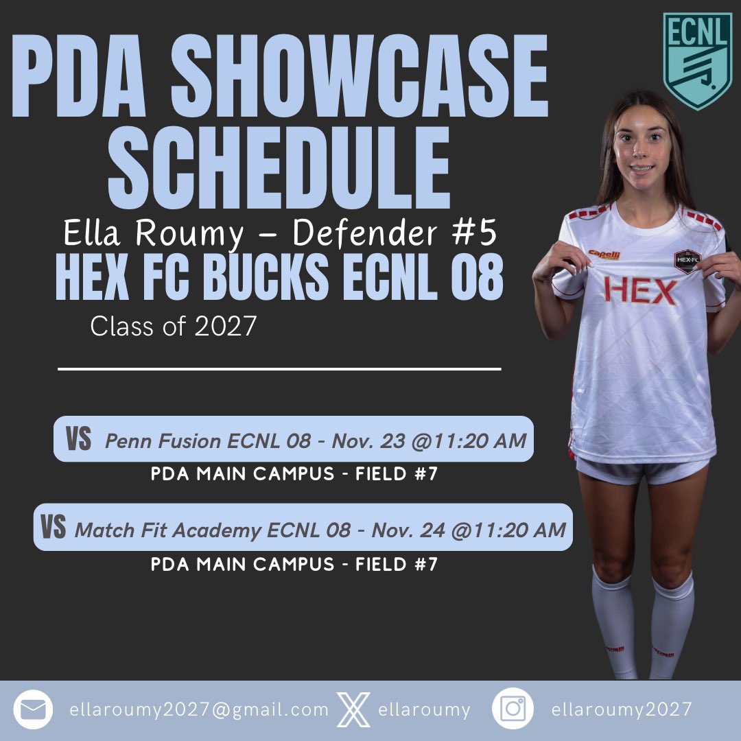 ellaroumy's tweet photo. Only a couple of days away… can’t wait to compete in the PDA Girls Showcase this weekend! Here’s my schedule!⬇️
@ECNLgirls @HEXFC23 @ImCollegeSoccer @ImYouthSoccer @TheSoccerWire @TopDrawerSoccer @PrepSoccer @WSOCRecruits https://t.co/R9Cn3HCjNJ