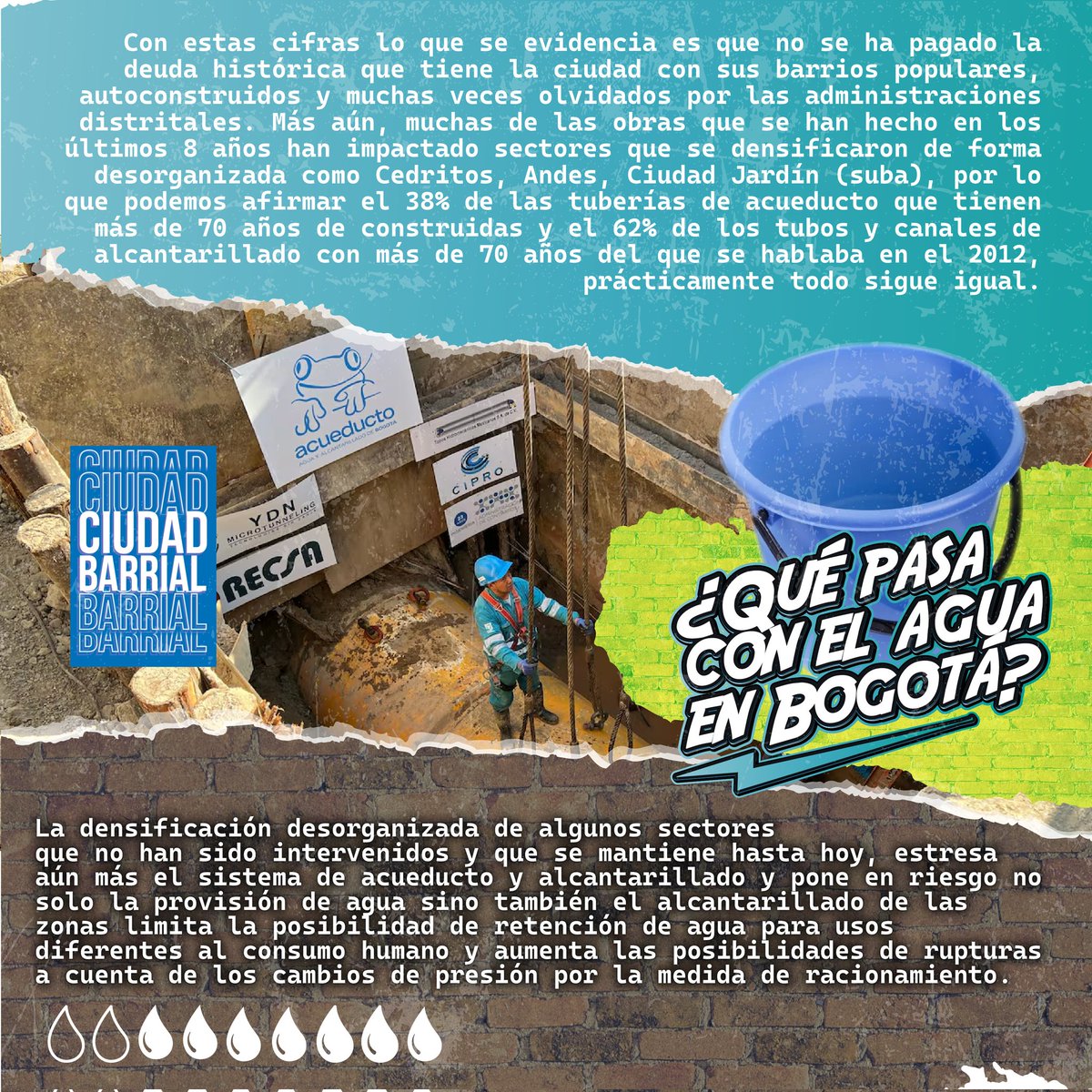 También queremos preguntarnos, ¿cuándo pasaremos del cierre de Llaves 🪣 y los regaños 🤬 a la Ciudadanía a las obras para pagar la deuda histórica con las comunidades más excluidas de la ciudad🚧?

#Agua #Bogotá
#CiudadBarrial

<a href="/LauLigarretoB/">Laura Ligarreto</a>