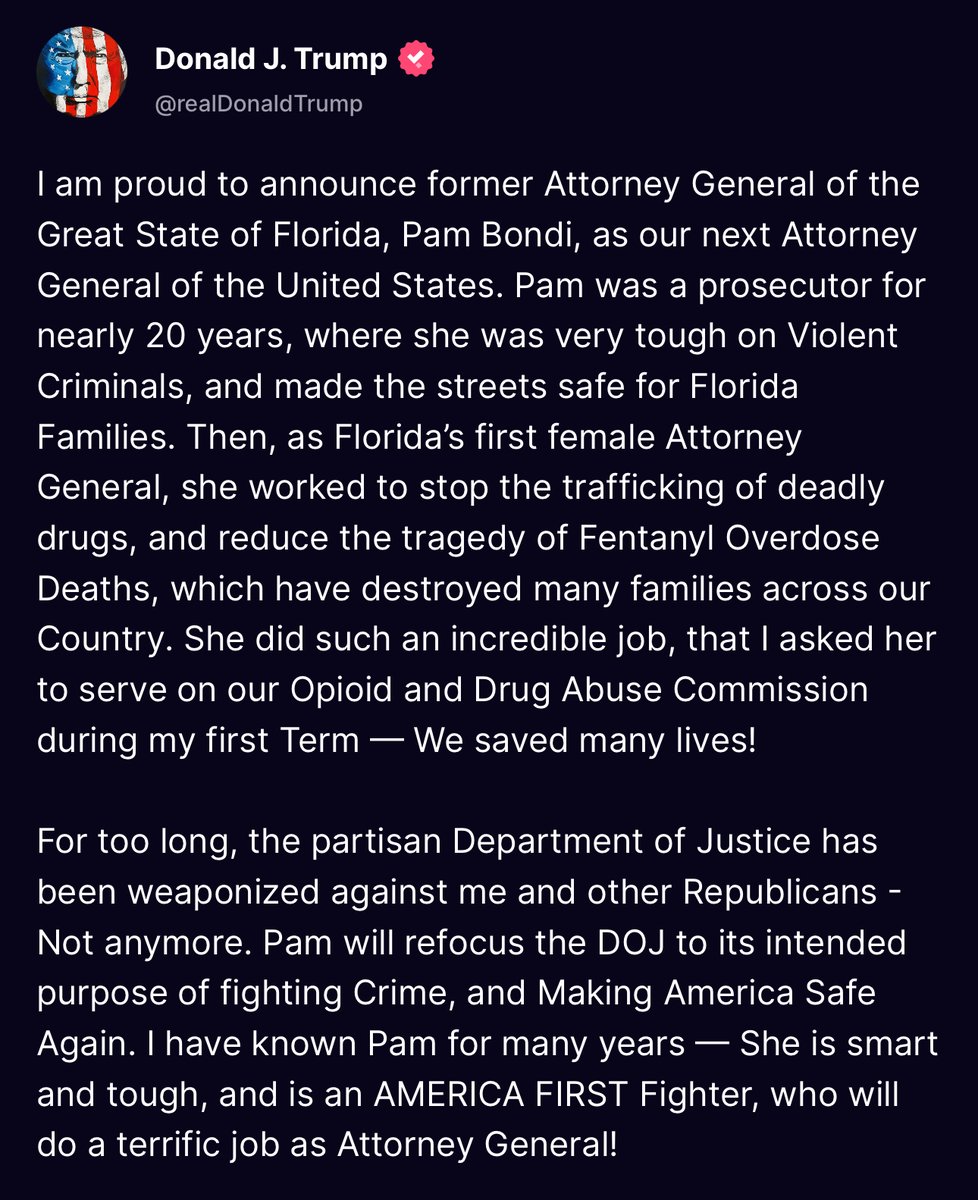 CollinRugg's tweet image. BREAKING: Donald Trump nominates former Florida AG Pam Bondi as the next Attorney General of the United States.