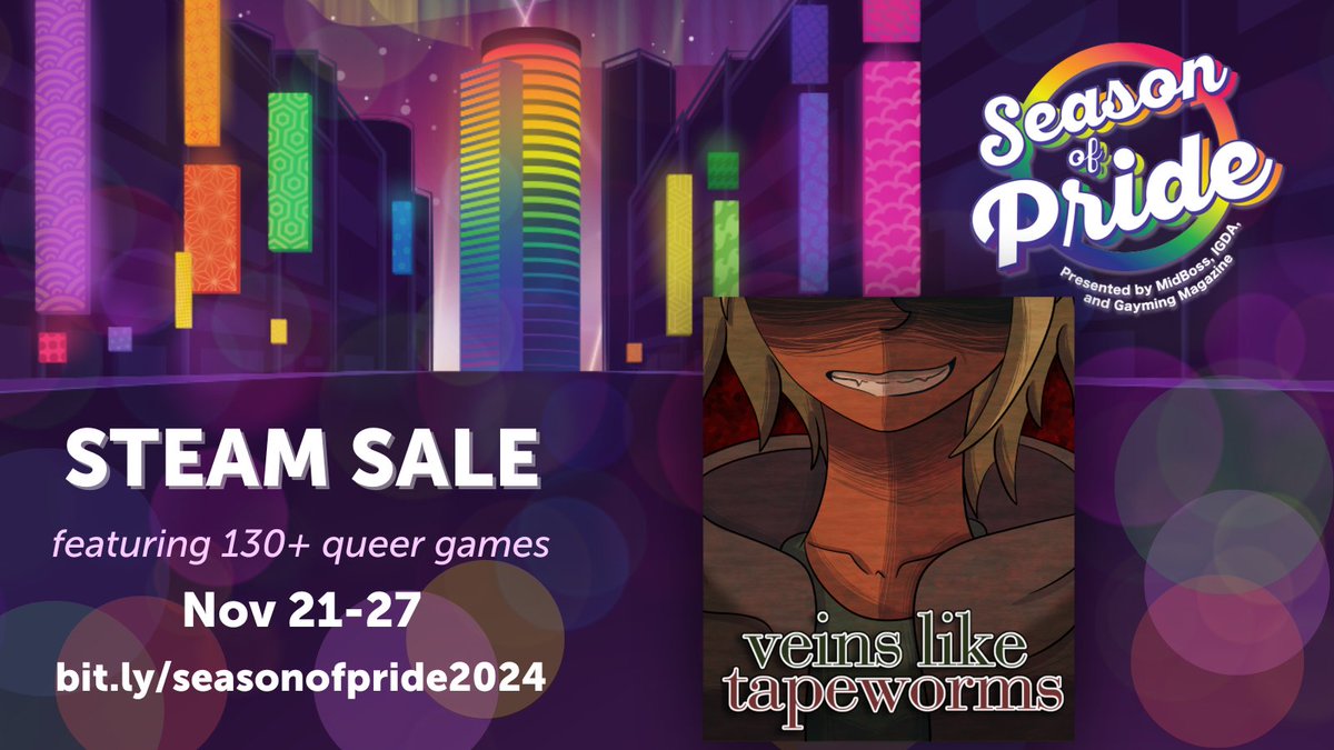 Guess who got accepted into IGDA's Season of Pride showcase? Thank you to <a href="/Midboss/">MidBoss</a>, <a href="/IGDA/">International Game Developers Association</a> and <a href="/GaymingMag/">Gayming Magazine</a> for letting me in!

Check me and hundreds of others out at bit.ly/seasonofpride2…! You're sure to love my nonbinary loser!

#RPGMaker #Horror #VeinsLikeTapeworms