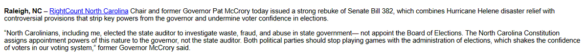 Just in: Former #ncpol Republican Gov. Pat McCrory opposes GOP lawmakers' plans to take control of elections from the (Democratic) governor and give it to the (Republican) auditor.

He says it's unconstitutional, and not what North Carolinians voted for.