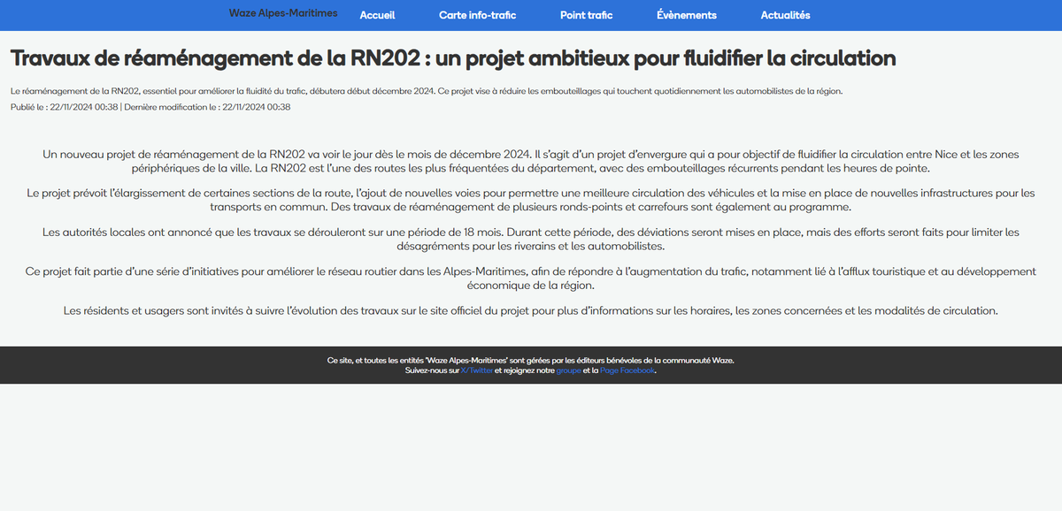 ▶️ Voici à quoi ressemblera un article sur le futur nouveau site web Waze Alpes-Maritimes.

⏩ Ouverture du site prévue pour Début janvier 2025 !

(Oui faites pas attention au footer qui se balade au milieu de la page...)