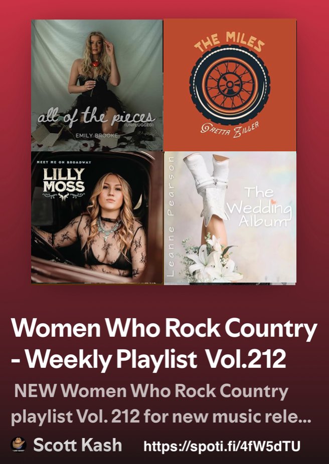 Scott Kash (@scottkash88) on Twitter photo NEW #WomenWhoRockCountry playlist vol.212 with this weeks best new albums/EPs
<a href="/emilybrooke/">Emily Brooke</a> album All of the Pieces
<a href="/GrettaZiller/">Gretta Ziller</a> album The Miles
<a href="/LillyMossMusic/">Lilly Moss</a> album Meet Me On Broadway
<a href="/LeannePearson/">Leanne Pearson</a> The Wedding Album
+MORE
#Spotify
spoti.fi/4fW5dTU
#NewCountry NEW #WomenWhoRockCountry playlist vol.212 with this weeks best new albums/EPs
<a href="/emilybrooke/">Emily Brooke</a> album All of the Pieces
<a href="/GrettaZiller/">Gretta Ziller</a> album The Miles
<a href="/LillyMossMusic/">Lilly Moss</a> album Meet Me On Broadway
<a href="/LeannePearson/">Leanne Pearson</a> The Wedding Album
+MORE
#Spotify
spoti.fi/4fW5dTU
#NewCountry