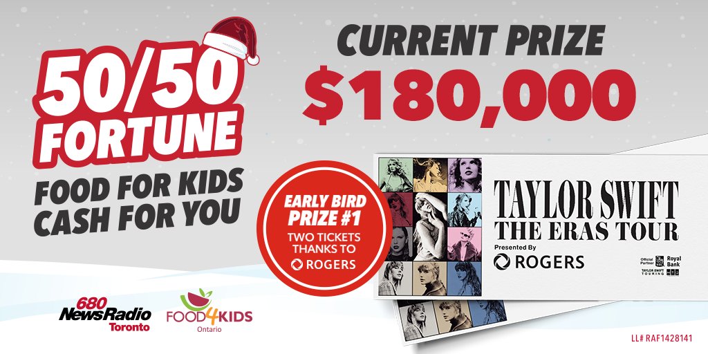 Current Prize: $180,000 and climbing! 

PLUS someone will win tickets to see Taylor Swift | The Eras Tour presented by Rogers!  💕

Tickets start at $10 here: bit.ly/680Food4Kids50… 

#Charity #GivingBack #Toronto  <a href="/Food4kidsONT/">Food4Kids Ontario</a>