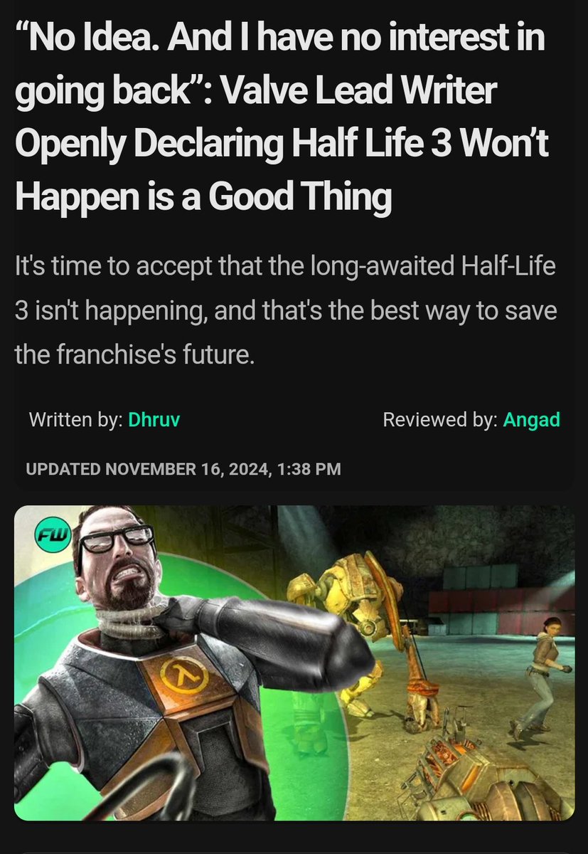 Most fucked up article title Ive come across. Dont call Marc laidlaw a "Valve lead writer" if he hasnt even worked at Valve since 2016. I thought for a second Erik Wolpaw or Jay Pinkerton was saying this.
