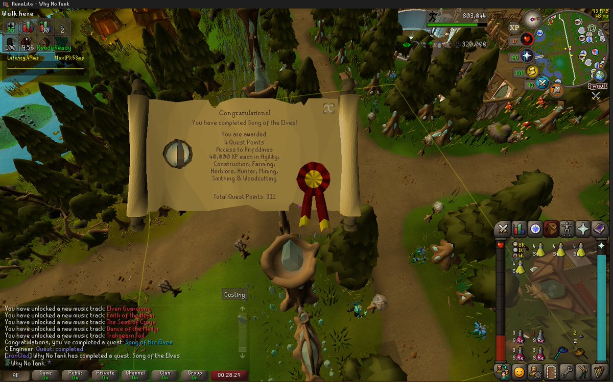 After 20 years of Runescape, Finally unlocked Song of the Elves on the Ironman (yes green helm, Was a Hcim, died then swapped green to hang out with friends) but 4 more Quests until Quest cape! now to Learn CG