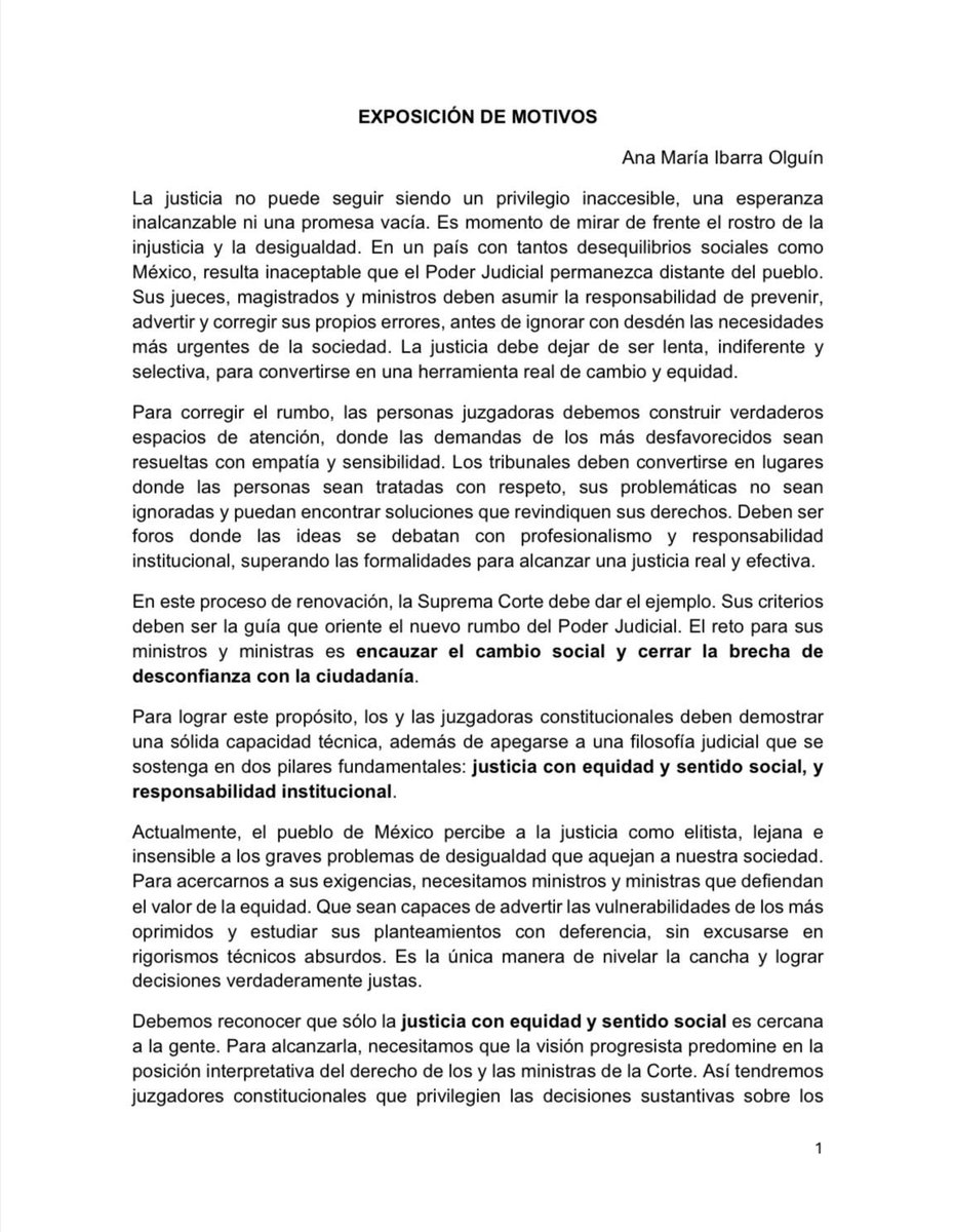 anamariaibarrao's tweet photo. Me postulé al cargo de Ministra de la #SCJN con la firme convicción de contribuir en la construcción de una justicia real, con equidad y sentido social.

En un ejercicio de transparencia, les comparto mi exposición de motivos. https://t.co/qdg7APznmb