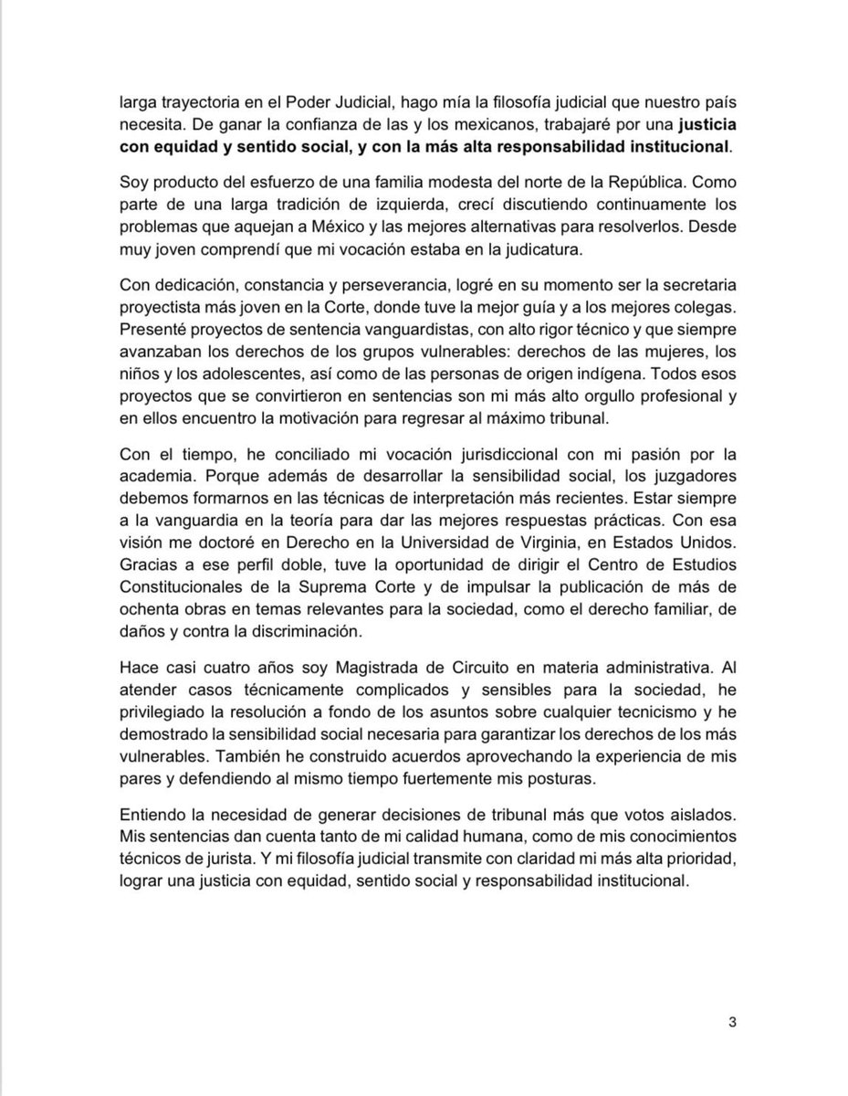 Me postulé al cargo de Ministra de la #SCJN con la firme convicción de contribuir en la construcción de una justicia real, con equidad y sentido social.

En un ejercicio de transparencia, les comparto mi exposición de motivos.