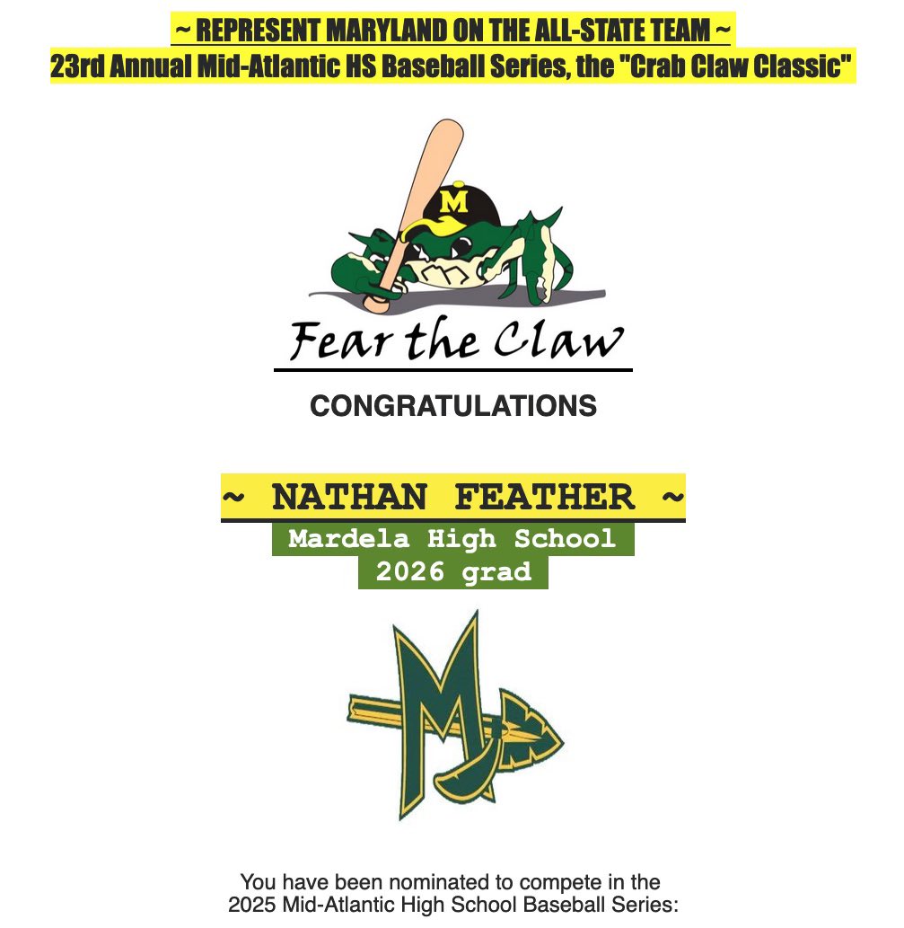 Nathan Feather (@nathanfeather1) on Twitter photo Honored to be nominated to compete in the 23rd Annual Mid-Atlantic HS Baseball Series, the "Crab Claw Classic", Aug 2-3, 2025.
<a href="/RichmondBraves/">Richmond Braves</a> Honored to be nominated to compete in the 23rd Annual Mid-Atlantic HS Baseball Series, the "Crab Claw Classic", Aug 2-3, 2025.
<a href="/RichmondBraves/">Richmond Braves</a>