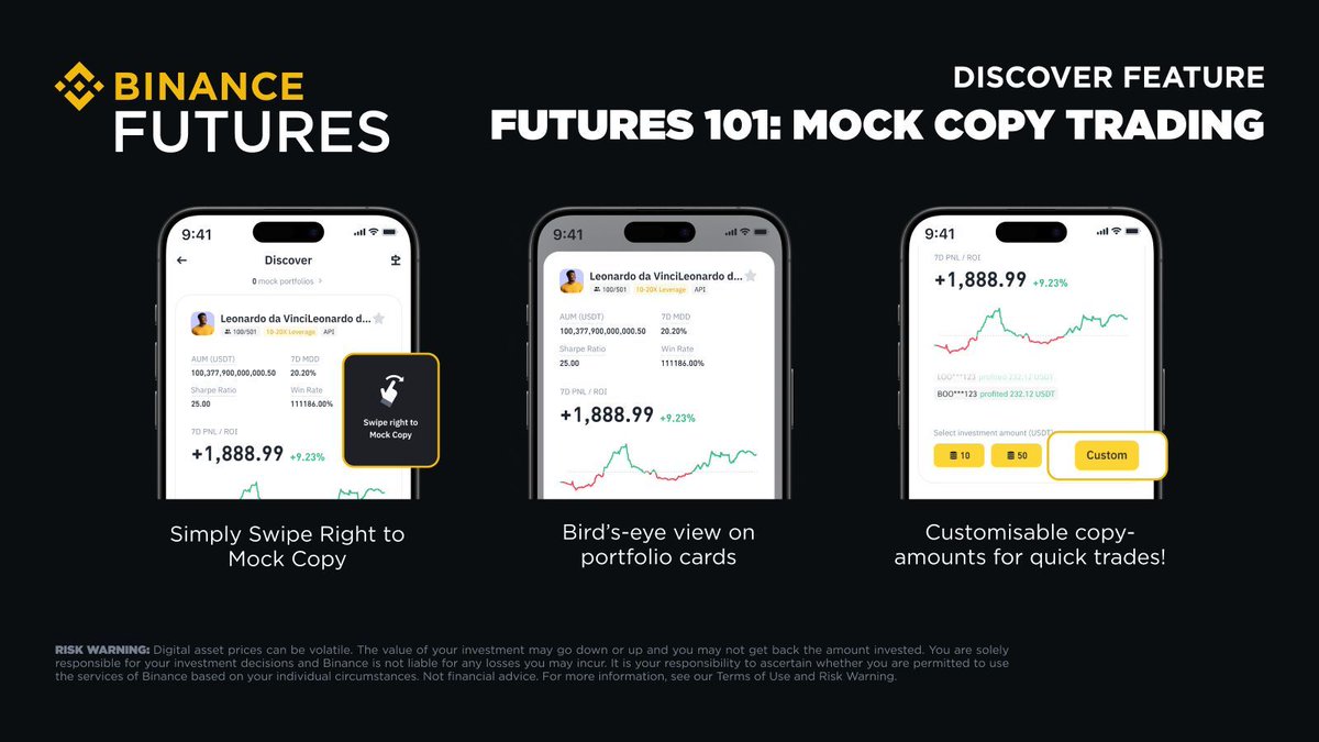 binance's tweet photo. New to Copy Trading? 

Our ‘Discover’ feature connects you with Lead Traders and opens up mock portfolios automatically. 

Check it out now ➡️ https://t.co/O4ChWcI0uH https://t.co/J0Zcm6Aqo4