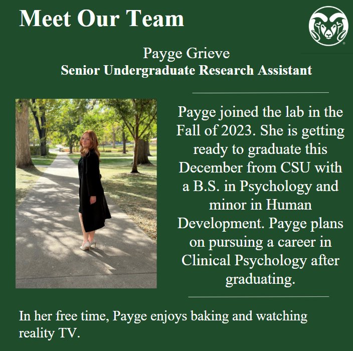 CSU_behav_lab's tweet image. Meet Payge! Payge is a senior undergraduate RA in our lab!
#meettheteam #foco #coloradostate #research #behavioralmedicine