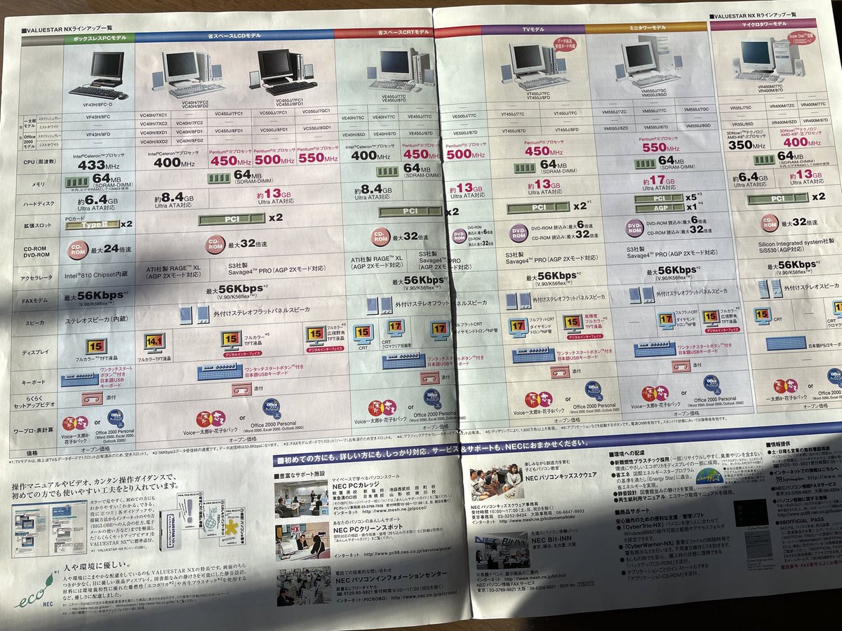 akkasan1028's tweet photo. この2週間お掃除あれこれ予定なんですが🧹✨
始めて買ってもらったパソコン👩‍💻のパンフが���てきました😳

当時の私の覚書によると約18万？
128Mのメモリで2万ちょい？
小3GBってなんだろう😂
右上のメモ書き解読したい🤣

これでカラーのお絵描きとか頑張ってたのは懐かしい思い出です🤭🌸
 #VALUESTAR https://t.co/apEx9X8Yez
