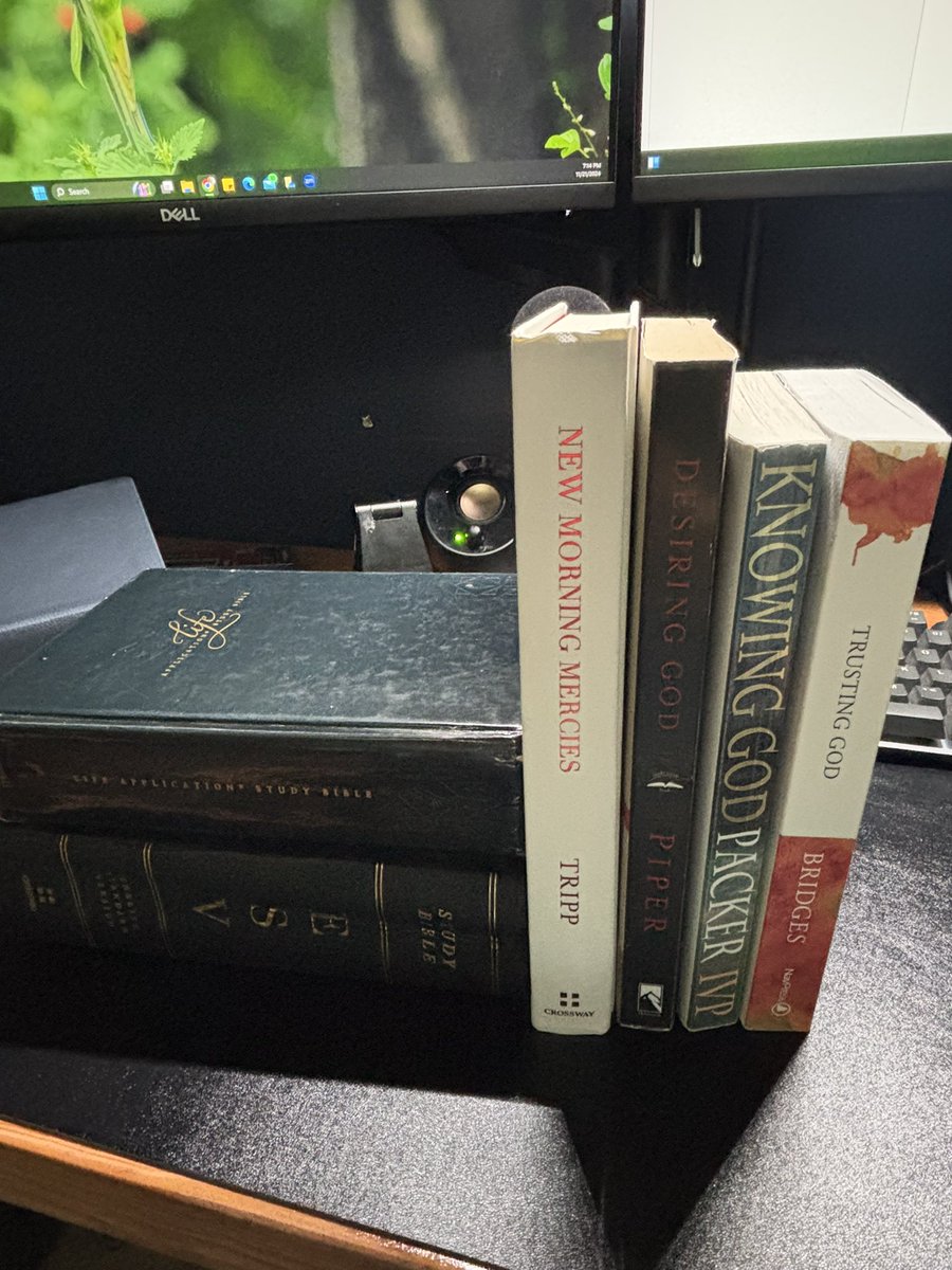 NorrieSteyn's tweet photo. @rustyrockets If I was close to @rustyrockets here’s the setup I would give him to start with… 

1. ESV study Bible
2. NLT life application Bible 
3. Knowing God by J.I. Packer
4. Desiring God by @JohnPiper 
5. Trusting God by Jerry Bridges
6. New morning mercies by @PaulTripp (Devo) https://t.co/4TxSJEHCFK