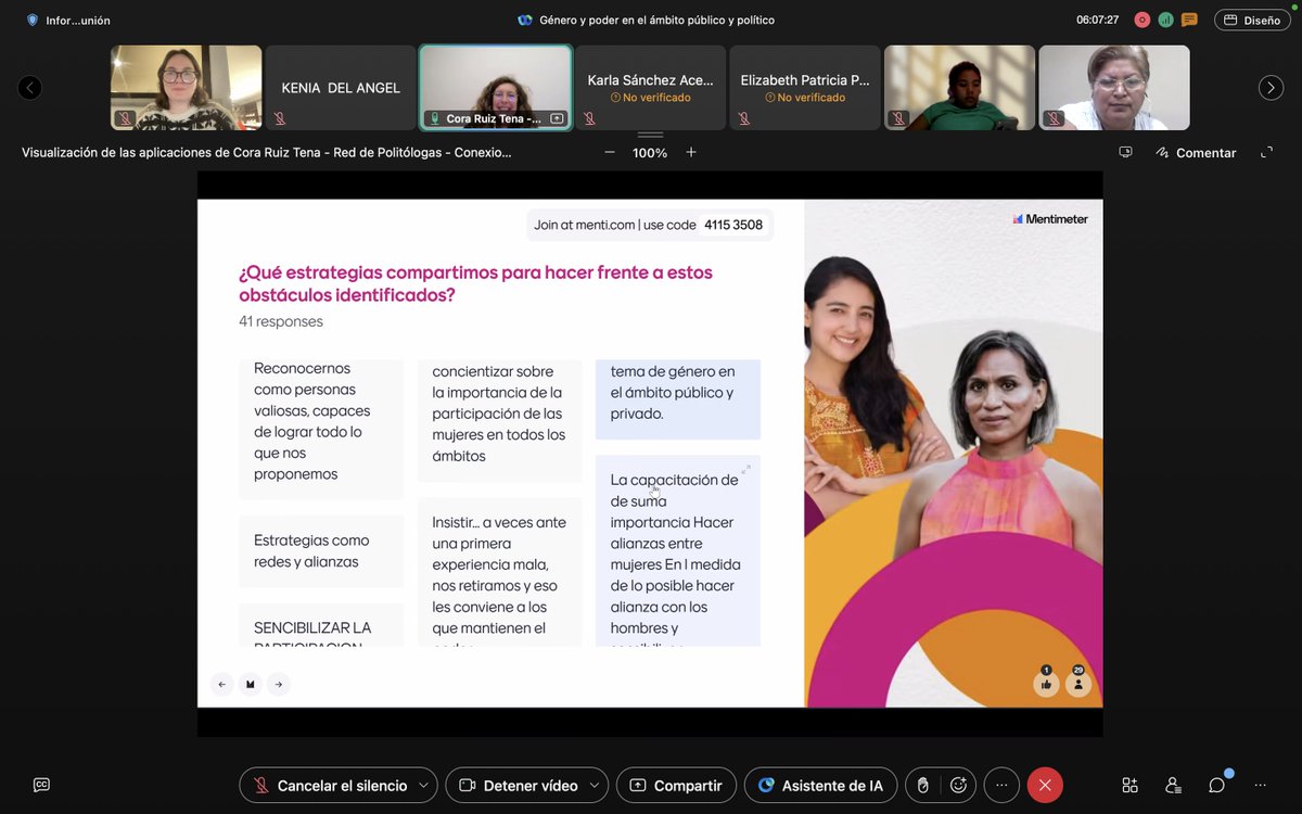 “Género y poder en el ámbito público y político”, sesión que facilitó Cora Ruiz Tena (<a href="/CoraRuiz/">Cora Ruiz Tena</a>), estuvo dedicada a abordar las múltiples barreras que enfrentan las mujeres en el ámbito político: desde su acceso y permanencia en cargos, hasta su capacidad de incidir en las