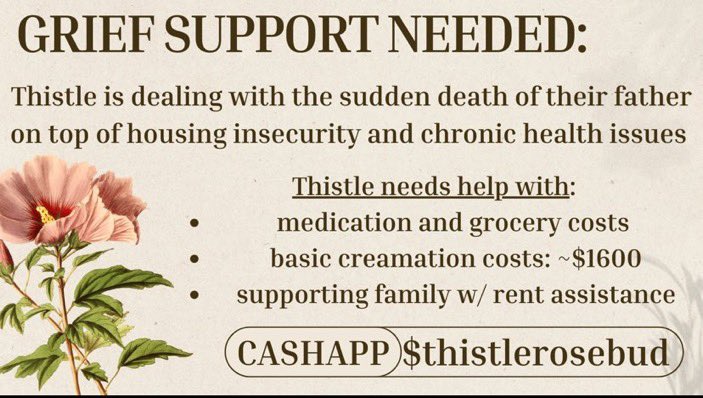 Thistle can’t currently cf for themself and they really really need support rn! Please show up for them, this gets more urgent every day!

#MutualAidRequest #HelpFolksLive2024