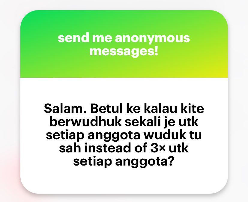 yazid_hamka_'s tweet photo. Waalaikumussalam. Betul. 

Ketika berwuduk, sunnah untuk mengulang basuhan sebanyak 3 kali. 

Basuh muka 3 kali. Tangan 3 kali. Dan seterusnya. 

Yang wajib cuma basuhan pertama. Kalau basuh satu kali, tak ulang sampai dua/tiga kali, sah wuduk. https://t.co/8Pq2NOTy2C