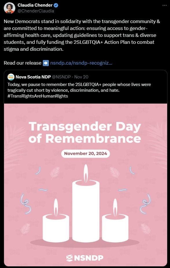 ALEdmonds's tweet image. Glad that transphobia is not condoned in Nova Scotia. I'm proud of NS for producing leaders like @TimHoustonNS, @ChenderClaudia and @zachchurchill, who stand up for what's right. Protecting the rights of trans people is protecting the rights of all people. #TransDayOfRemembrance